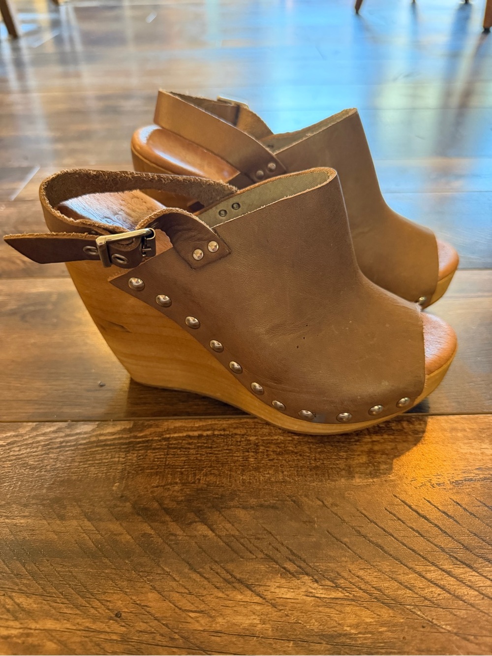 Bertie Gray Leather Wedges with Wooden Heels and Silvers Stud Detail